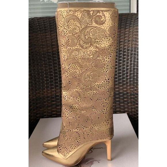 Jessica Simpson BRYKIA2 Gold Hollow Out Pointed Toe Knee High Western Boots - Picture 8 of 12
